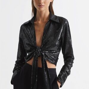 Reiss Black Sequin Tie-Front Top